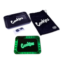 Black rectangular cookies glowtray led rolling tray with glowing green lights and matching black drawstring bag