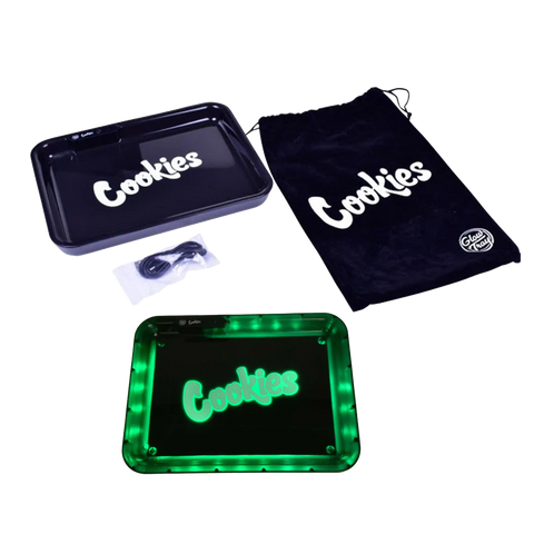 Black rectangular cookies glowtray led rolling tray with glowing green lights and matching black drawstring bag