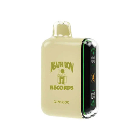 Cream-colored death row 15k vape pen with transparent side panel revealing green digital indicators dr15000 model