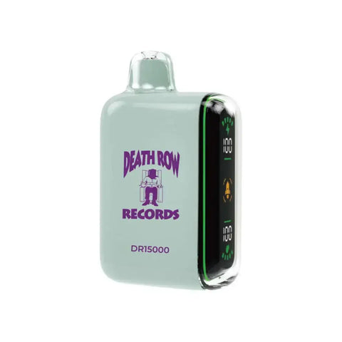 Light green transparent plastic vape device with purple Death Row Records logo and dr15000 text for vaping use