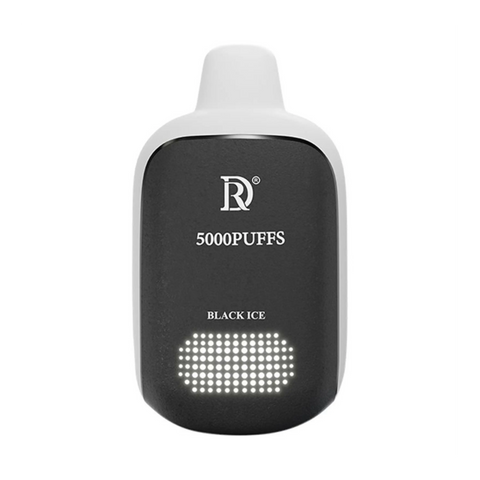 Black and white death row 5000 puffs vape pen with black ice flavor and illuminated dot grid on the back side