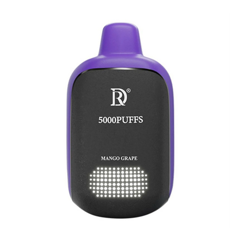 Purple and black disposable vape pen death row 5000 puffs with mango grape flavor labeling