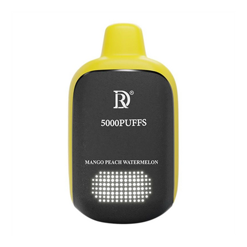Yellow and black disposable death row 5000 puffs vape pen with matte finish and mango peach watermelon flavor