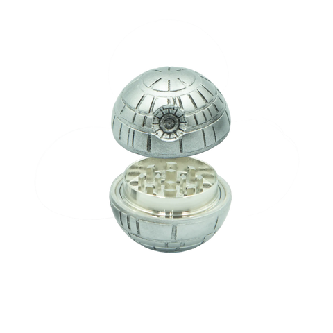Silver metallic death star grinder galactic edition herb grinder with segmented dome design and internal mechanism