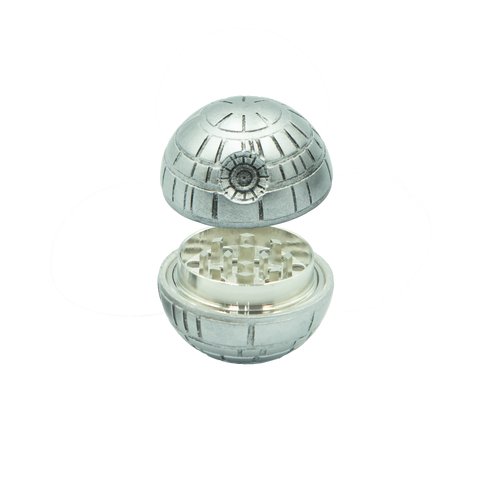 Silver metallic death star grinder galactic edition herb grinder with segmented dome design and internal mechanism