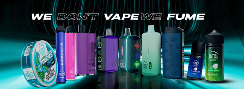 The image displays a collection of vaping devices and e-liquid bottles from the brand fume, featuring colorful designs in purple, blue, green, and black with sleek modern materials.