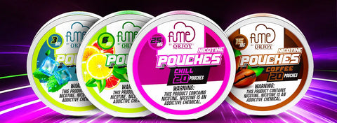 The image displays four circular, metallic-looking containers of fume orjoy nicotine pouches in different flavors and colors: mint green with ice cubes, yellow lemon slices, vibrant pink for ’chill,’ and brown coffee beans.