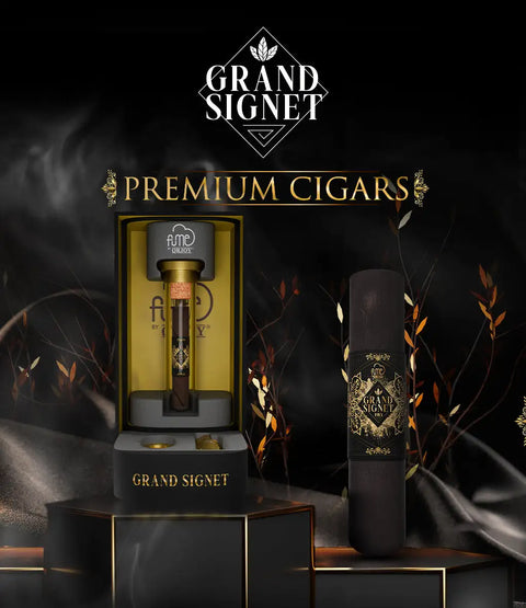 Elegant black cigar with gold-embossed branding, presented in a luxurious golden and matte-black display box.