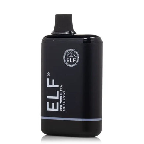 Black elf vpr 7000 ultra vape pen with matte finish silver branding featuring apple black ice flavor