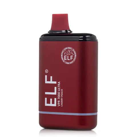 Red metallic elf vpr 7000 ultra vape pen with cherry peach flavor black top cap and silver accent stripe