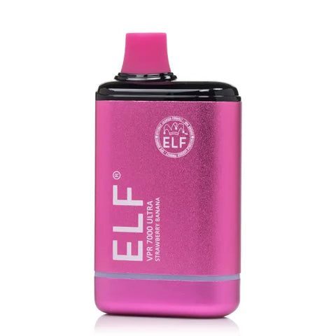 Elf Vpr 7000 ultra pink metallic vape pen with black top and strawberry banana flavor text on mouthpiece