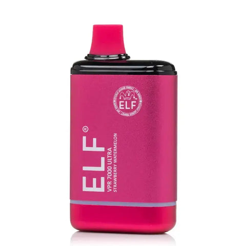 A vibrant pink metallic elf vpr 7000 ultra disposable vape pen with a black top and matching flavor label