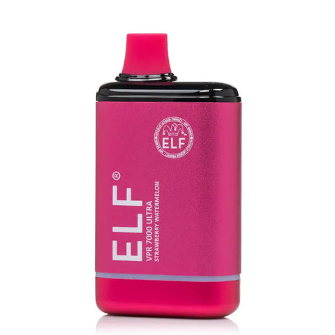 A vibrant pink metallic elf vpr 7000 ultra disposable vape pen with black top and matching flavor label