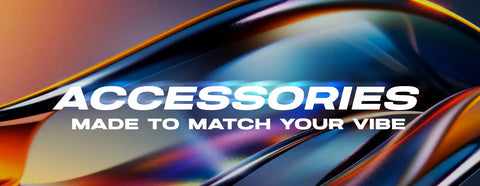 The image features a bold, modern graphic with the word ’accessories’ in white uppercase letters against an abstract background of flowing, iridescent waves.