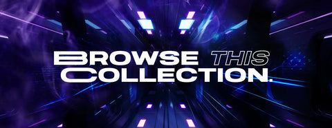 The image features a bold, white ’browse this collection.’ text overlaying a futuristic tunnel with glowing purple and blue lights.