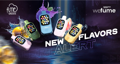 Five colorful, sleek fume by qrijoy vape devices in green, blue, pink, white, and yellow are displayed with vibrant fruit splashes around them.