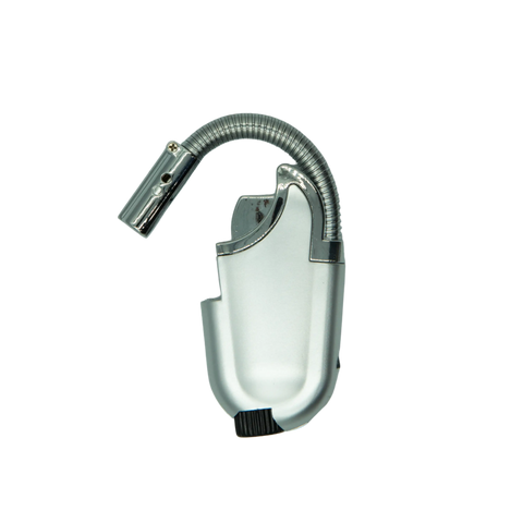 Flexible torch lighter with silver metallic body, textured grip, and flexible gooseneck for precise flame control