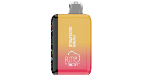 A sleek rectangular vape device fume eternity zero with yellow to pink gradient and strawberry banana flavor label by fume by qrjoy