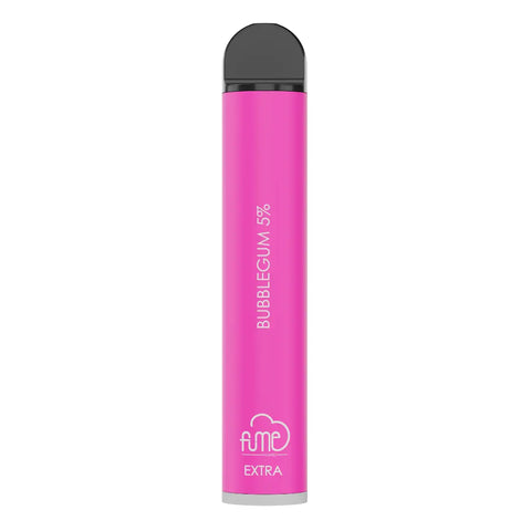 A vibrant pink fume extra disposable vape pen with black cap silver base labeled bubblegum 5 percent 1500 puffs
