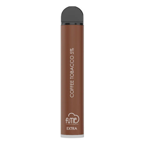 Brown fume extra coffee tobacco vape pen with black cap and silver text offering 1500 puffs disposable vape device