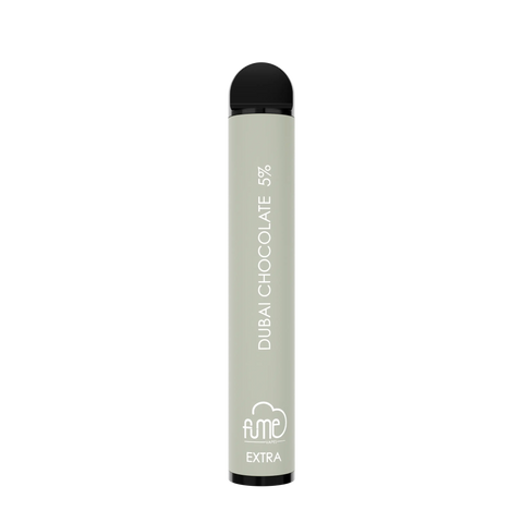 A sleek matte sage green fume extra disposable vape pen with black cap labeled dubai chocolate 5 percent for 1500 puffs