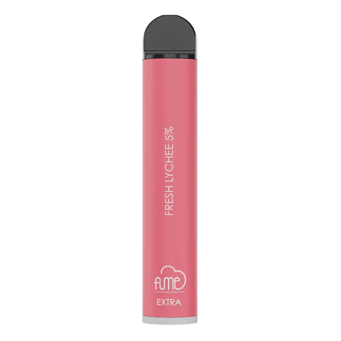 Pink fume extra disposable vape pen with black cap silver base fresh lychee 5 percent flavor 1500 puffs