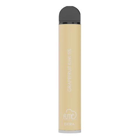 Beige cylindrical vape pen with black cap and silver base labeled grapefruit kiwi 5 percent from fume extra 1500 puffs