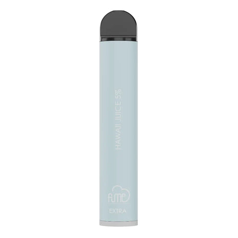Light blue cylindrical vape pen with black cap featuring hawaii juice 5 percent silver text by fume extra 1500 puffs