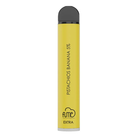 Yellow cylindrical vape pen with black cap silver base pistachios banana flavor fume extra 1500 puffs 5 percent nicotine
