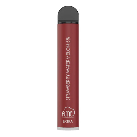 A sleek matte red fume extra 1500 puffs disposable vape pen with a black cap and strawberry watermelon 5% flavor text