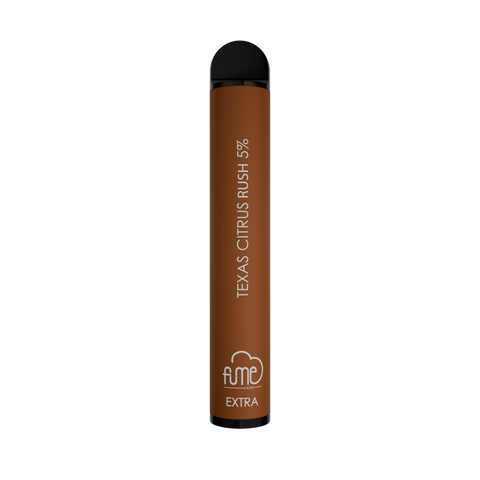 Brown texas citrus rush fume extra 1500 puffs disposable vape pen with black caps and 5% nicotine