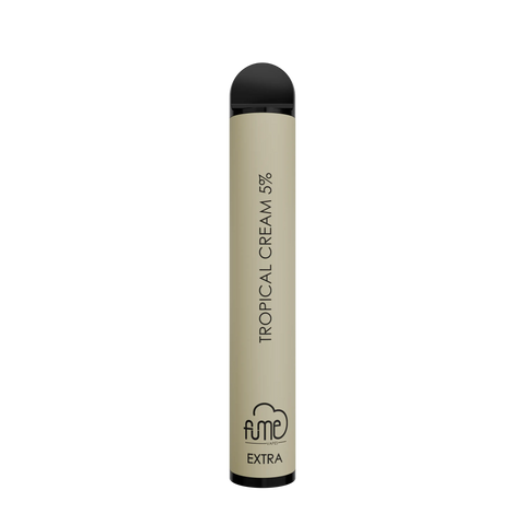 Cream-colored fume extra disposable vape pen with black cap and tropical cream 5 percent label for 1500 puffs use