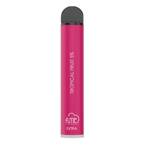 A vibrant pink fume extra disposable vape pen with black cap and tropical fruit 5 percent flavor for 1500 puffs