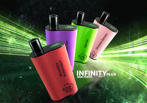 The fume gloxy infinity plus vape pens come in vibrant, colorful cylindrical bodies with black caps and feature flavor names like watermelon strawberry printed on their sides.