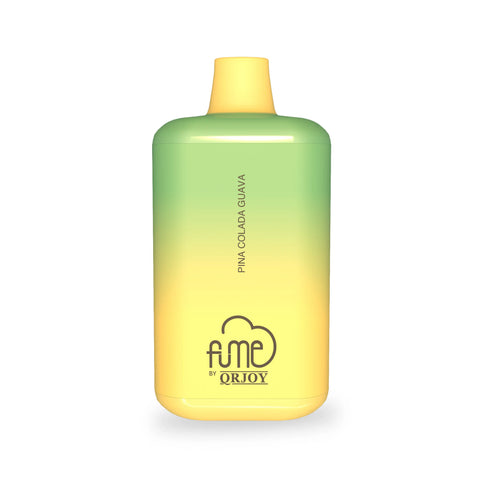 A vibrant gradient fume recharge vape pen with 5 percent nic 5000 puffs in pina colada guava flavor