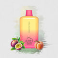 A vibrant gradient fume recharge vape pen with pink cap labeled passion fruit peach for 5000 puffs and 5% nic