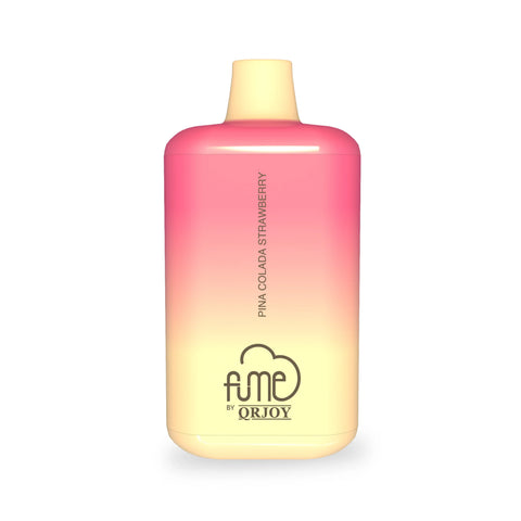 A vibrant pink to yellow gradient disposable vape pen with glossy plastic body and fume by qrjoy logo for 5000 puffs
