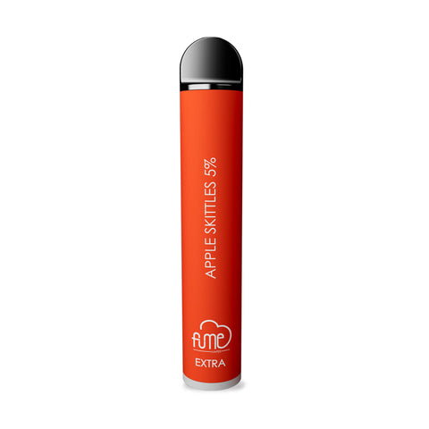A sleek vibrant red fume ultra 2500 puffs disposable vape pen with apple skittles 5 percent branding and silver accents
