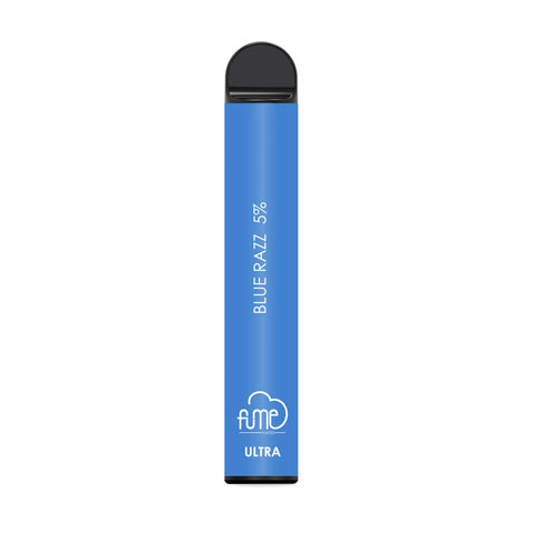 Blue fume ultra disposable vape pen with black cap and white text detailing flavor and brand for 2500 puffs