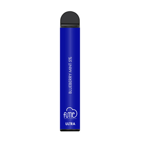 Blue fume ultra disposable vape pen with black cap labeled blueberry mint 5 percent for 2500 puffs