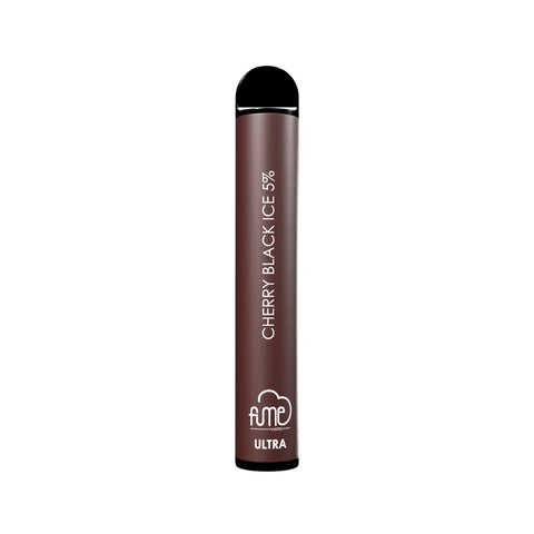 A sleek matte brown fume ultra vape pen with black cap and silver cherry black ice 5 percent text for 2500 puffs
