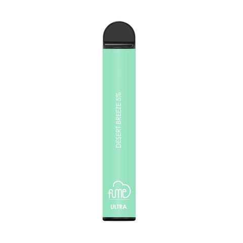 A sleek mint green fume ultra disposable vape pen with black cap and base labeled desert breeze 5 percent for 2500 puffs