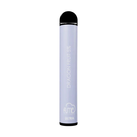 A sleek lavender fume ultra disposable vape pen with black cap and base labeled dragon fruit 5 percent for 2500 puffs
