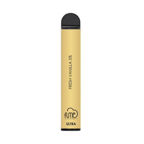 Fume ultra 2500 puffs gold disposable vape pen with black cap and fresh vanilla 5 percent flavor text