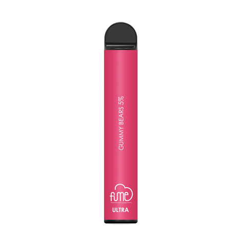 Pink fume ultra disposable vape pen with black cap and gummy bears 5 percent flavor for 2500 puffs