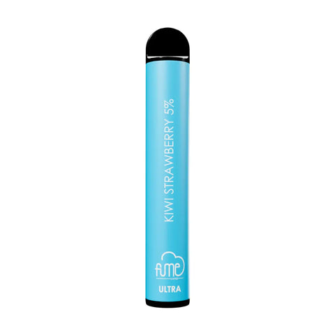 Light blue fume ultra disposable vape pen with black cap and base labeled kiwi strawberry 5% for 2500 puffs