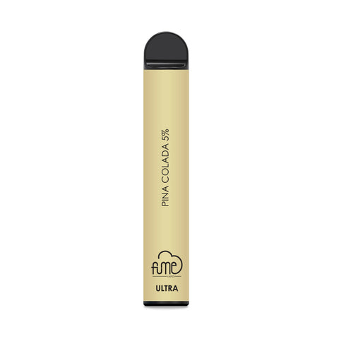 Gold-colored fume ultra disposable vape pen with black cap and base labeled pina colada 5 percent for 2500 puffs
