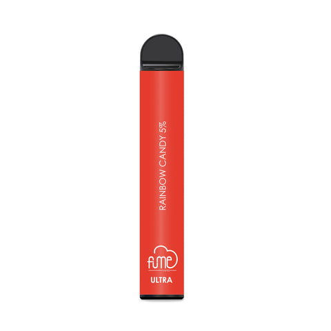 Red fume ultra disposable vape pen with rainbow candy 5% flavor text and black cap for 2500 puffs use