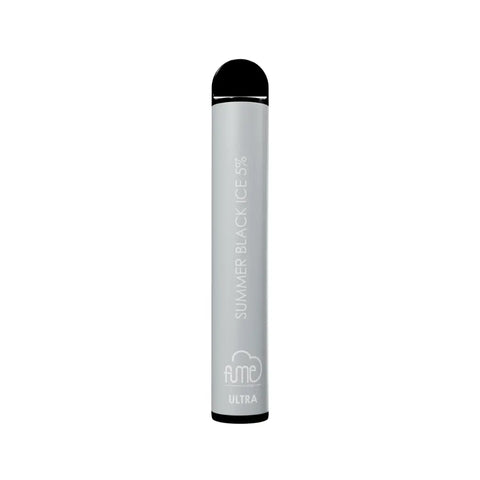 Silver fume ultra disposable vape pen with black cap and base labeled summer black ice 5 percent for vaping use