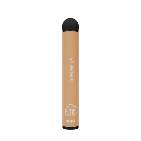 Beige fume ultra 2500 puffs disposable vape pen with black cap and base and sundrip 5 percent printed vertically